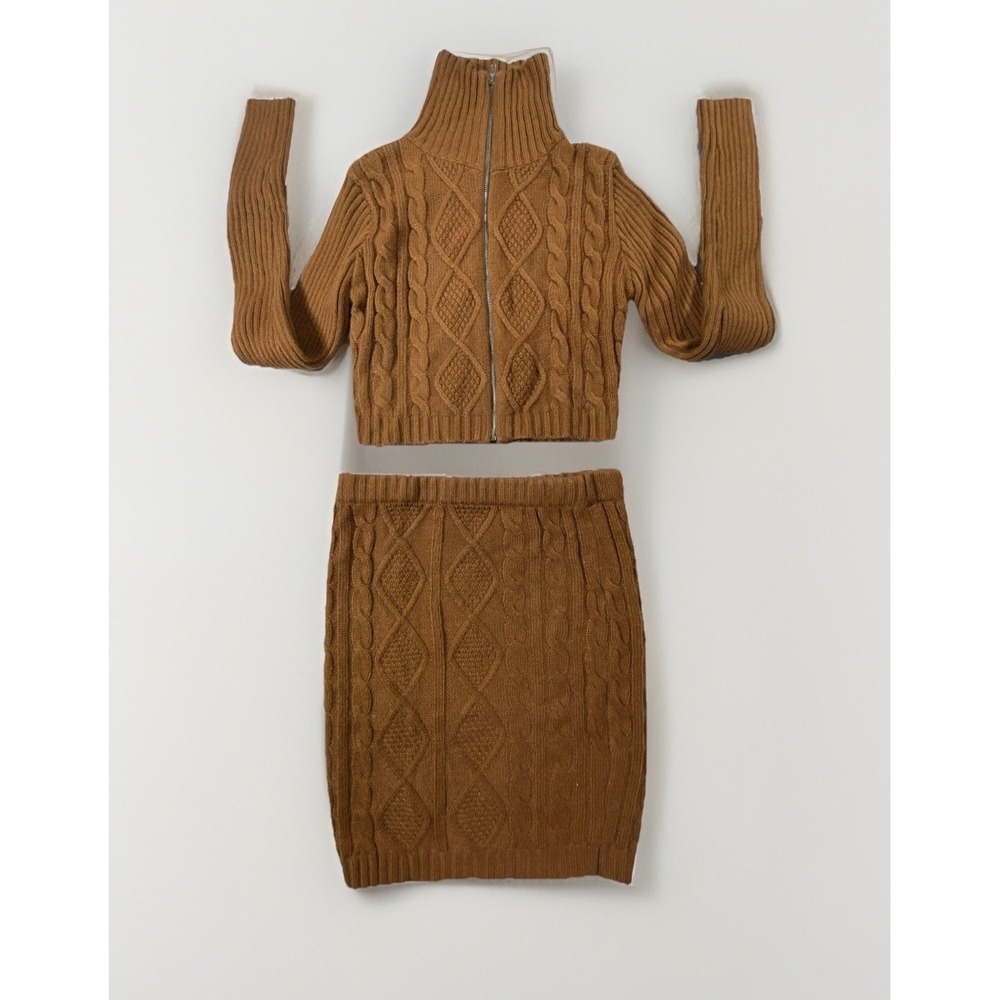 Hera Collection Sweater Top Skirt Womens Small Two Piece Brown Chunky Cable-Knit